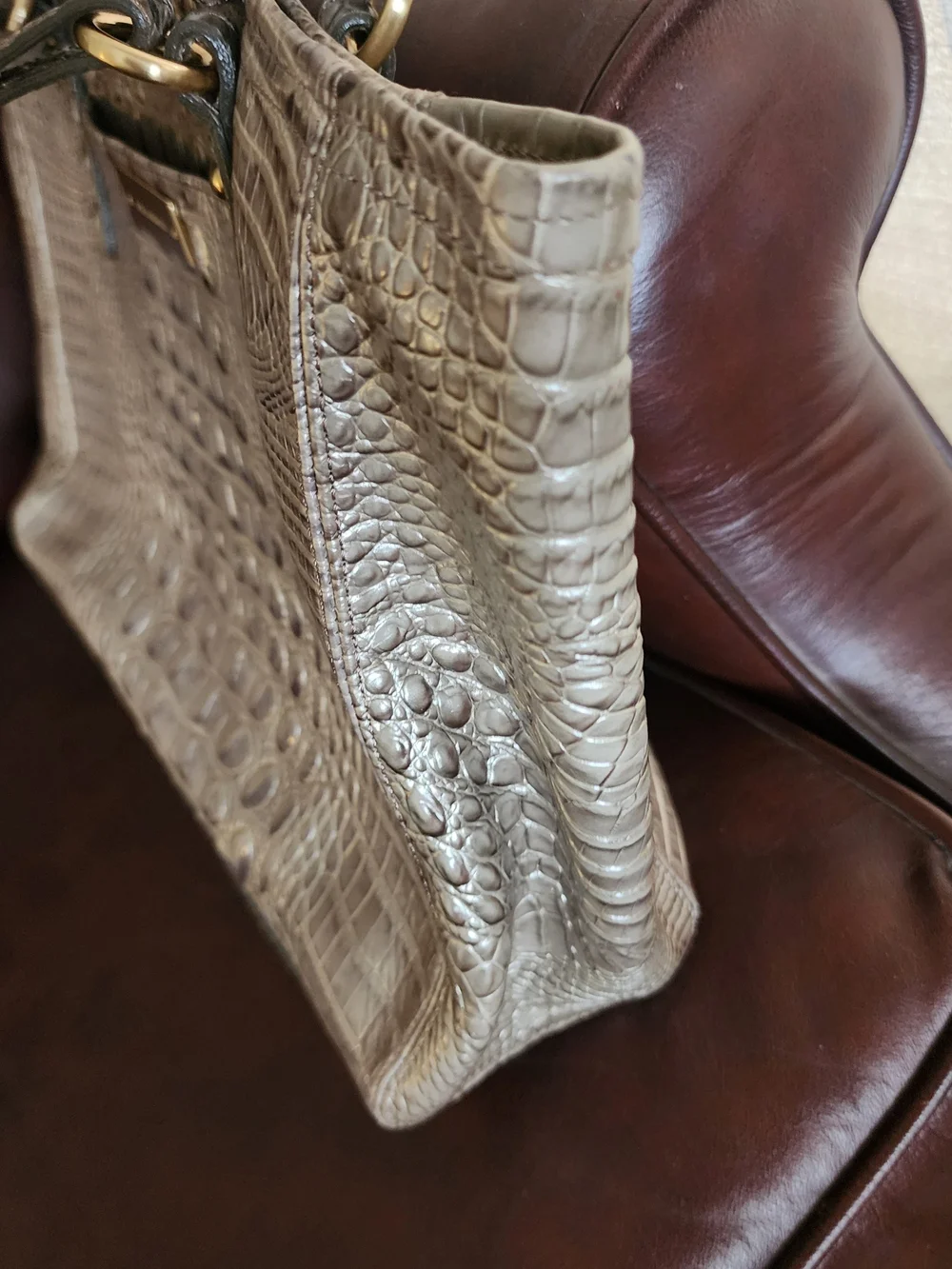 Leather tote bag, Brahmin Medium Asher, champagne/taupe croc-embossed